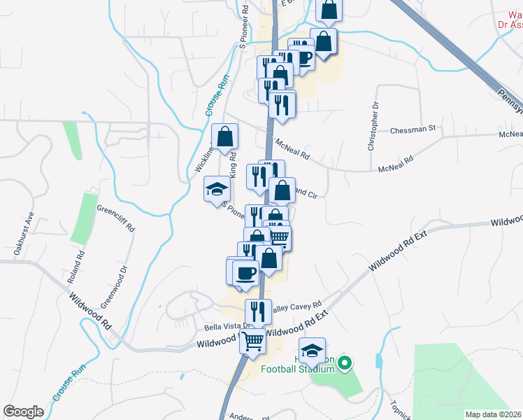 map of restaurants, bars, coffee shops, grocery stores, and more near 4767 William Flinn Highway in Allison Park