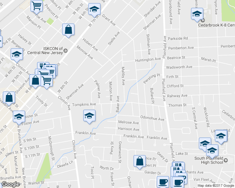 map of restaurants, bars, coffee shops, grocery stores, and more near 169 Baker Avenue in South Plainfield