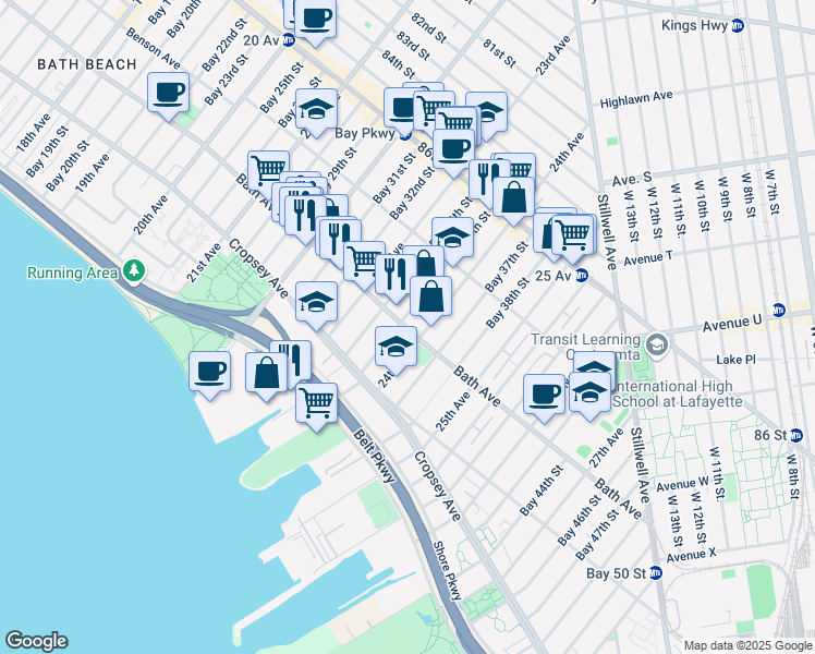 map of restaurants, bars, coffee shops, grocery stores, and more near 2355 Bath Avenue in Brooklyn