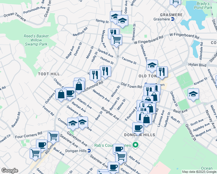 map of restaurants, bars, coffee shops, grocery stores, and more near 35 Whitaker Place in Staten Island