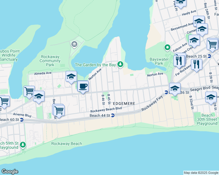 map of restaurants, bars, coffee shops, grocery stores, and more near 4-13 Beach 44th Street in Queens