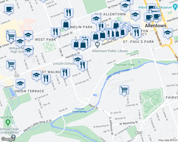 map of restaurants, bars, coffee shops, grocery stores, and more near 201 South Madison Street in Allentown