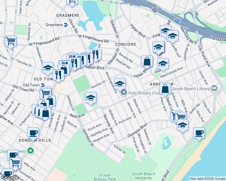 map of restaurants, bars, coffee shops, grocery stores, and more near 88 Kensington Ave in Staten Island