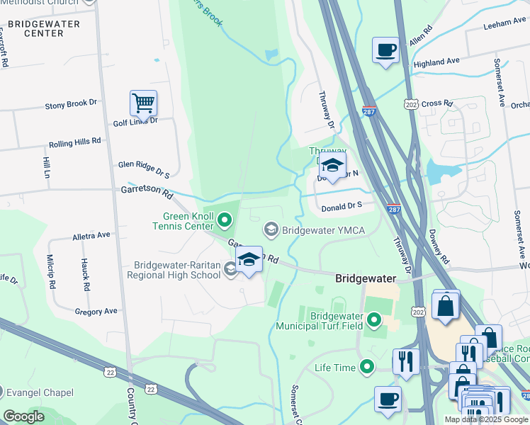 map of restaurants, bars, coffee shops, grocery stores, and more near 62 Stryker Court in Bridgewater Township