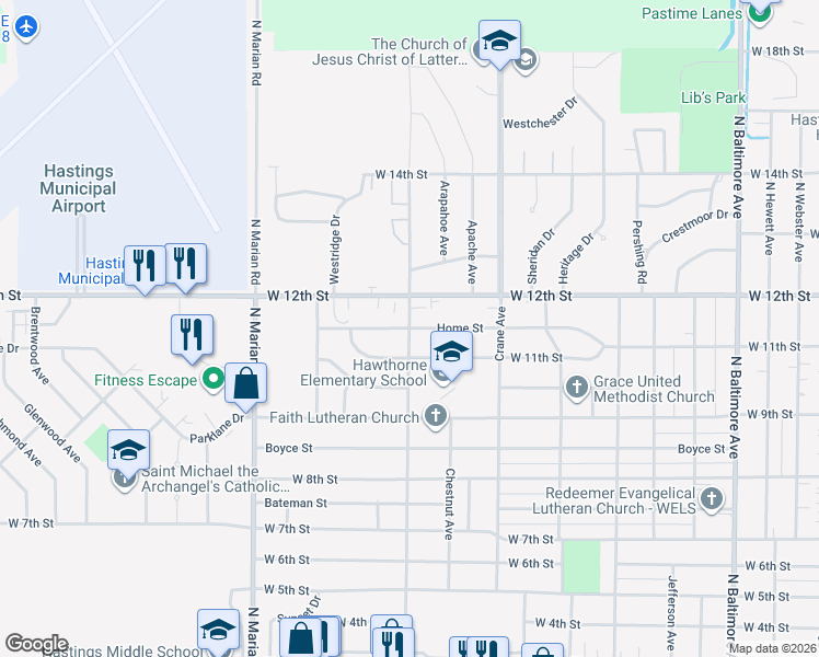 map of restaurants, bars, coffee shops, grocery stores, and more near 2301 Home Street in Hastings