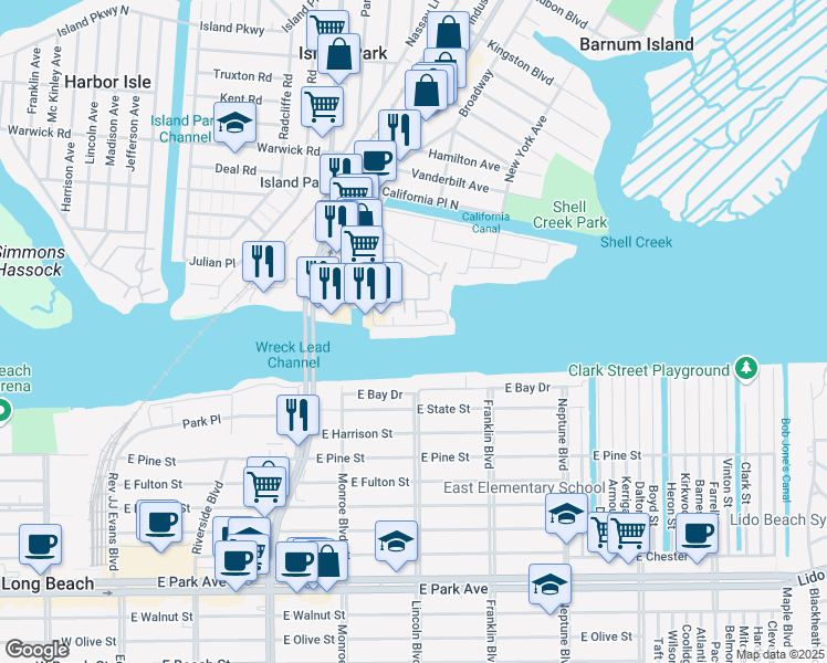 map of restaurants, bars, coffee shops, grocery stores, and more near 6 Waterview Road in Island Park