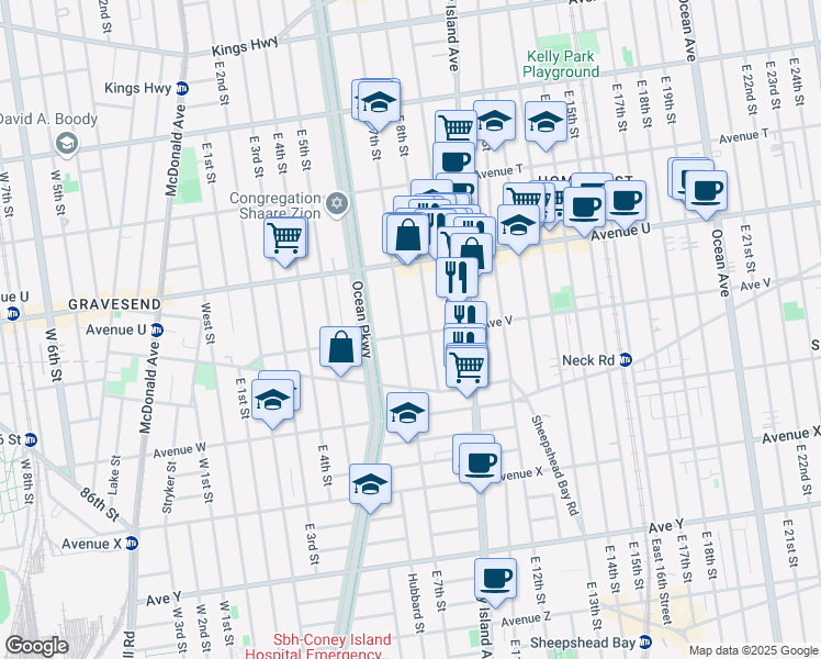 map of restaurants, bars, coffee shops, grocery stores, and more near 2235 East 7th Street in Brooklyn