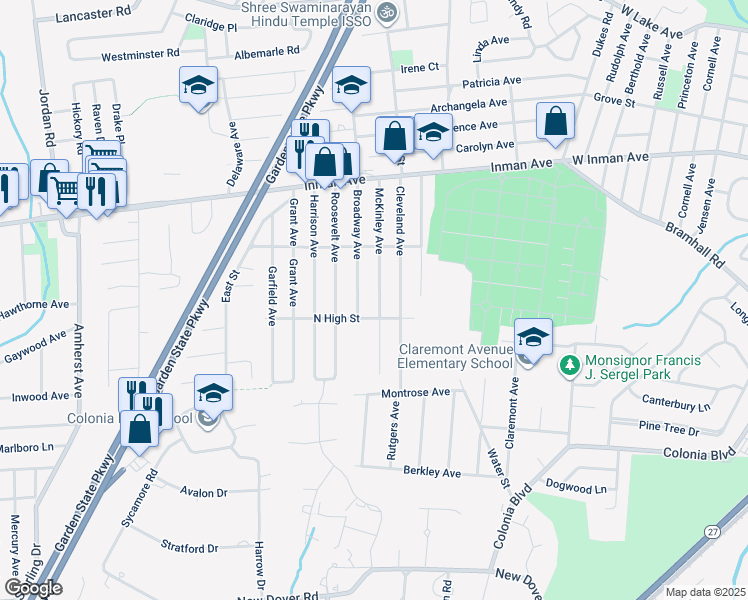 map of restaurants, bars, coffee shops, grocery stores, and more near 115 McKinley Avenue in Woodbridge Township