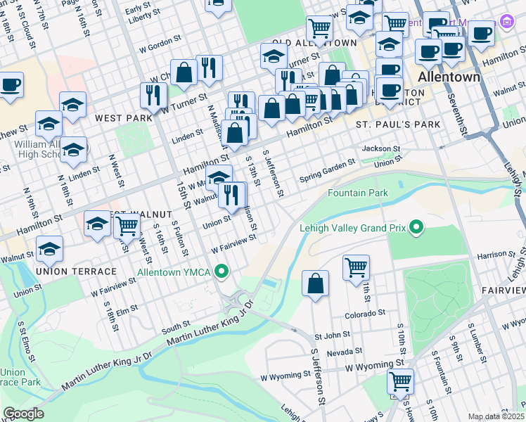 map of restaurants, bars, coffee shops, grocery stores, and more near 210 South 13th Street in Allentown