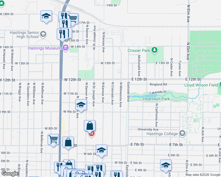 map of restaurants, bars, coffee shops, grocery stores, and more near 1113 North Colorado Avenue in Hastings