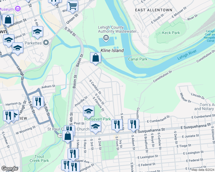 map of restaurants, bars, coffee shops, grocery stores, and more near 15 Cleveland Street in Allentown