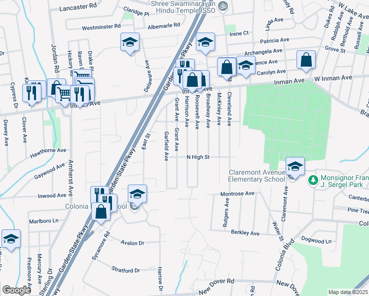 map of restaurants, bars, coffee shops, grocery stores, and more near 105 Harrison Avenue in Woodbridge Township