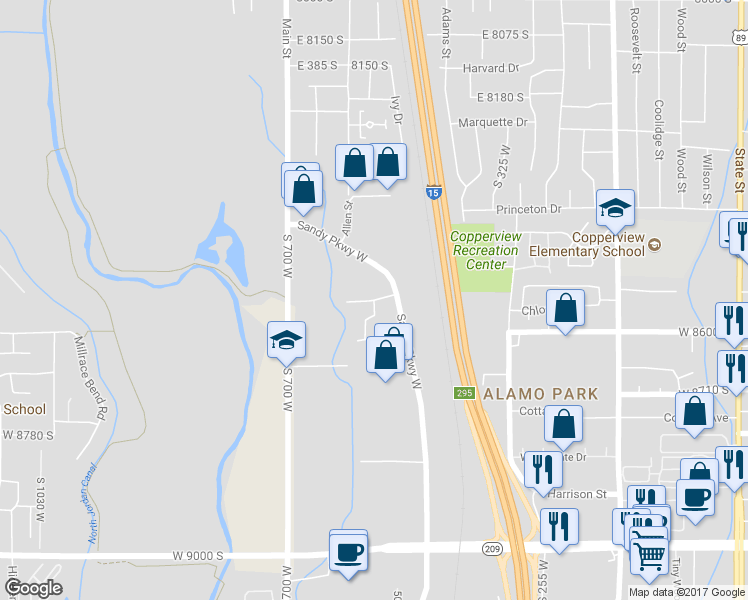map of restaurants, bars, coffee shops, grocery stores, and more near Southridge Circle in Sandy