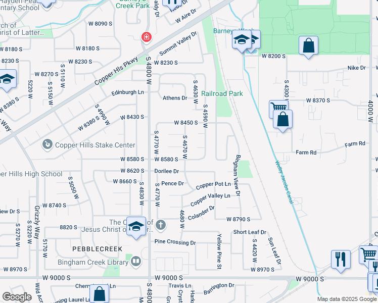 map of restaurants, bars, coffee shops, grocery stores, and more near 8549 South 4670 West in West Jordan