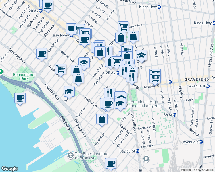 map of restaurants, bars, coffee shops, grocery stores, and more near 8689 25th Avenue in Brooklyn