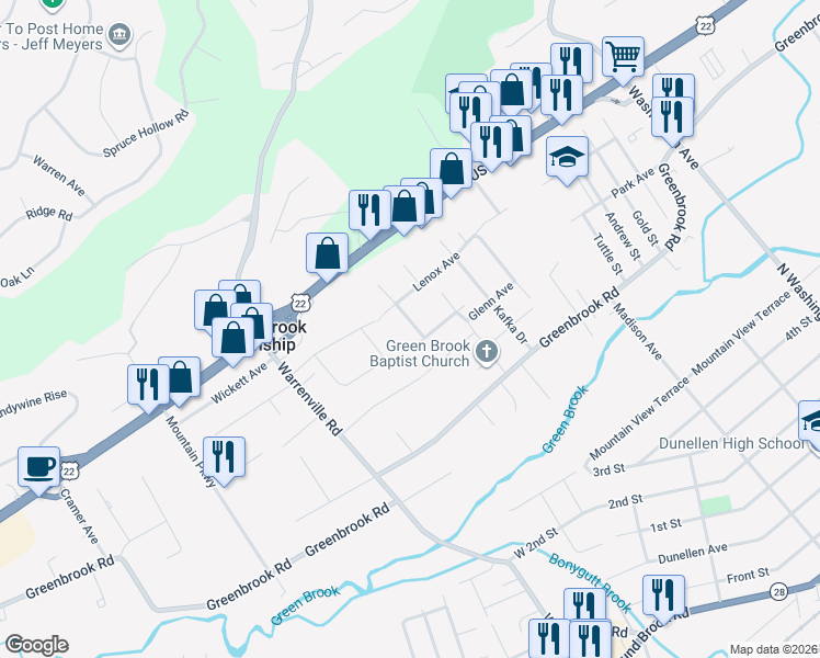 map of restaurants, bars, coffee shops, grocery stores, and more near 13 Fitzrandolph Street in Green Brook Township