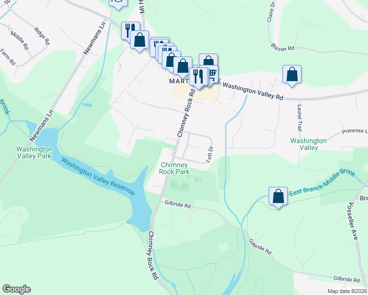 map of restaurants, bars, coffee shops, grocery stores, and more near 15 Chamberlin Way in Bridgewater Township