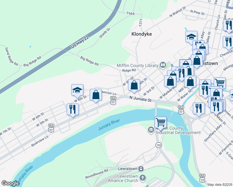 map of restaurants, bars, coffee shops, grocery stores, and more near 1-23 Reservoir Lane in Lewistown