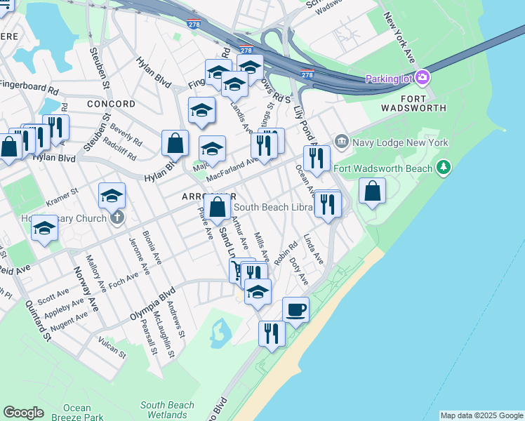 map of restaurants, bars, coffee shops, grocery stores, and more near 8 Austin Avenue in Staten Island