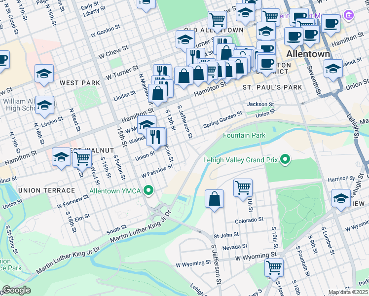 map of restaurants, bars, coffee shops, grocery stores, and more near 215 South 13th Street in Allentown