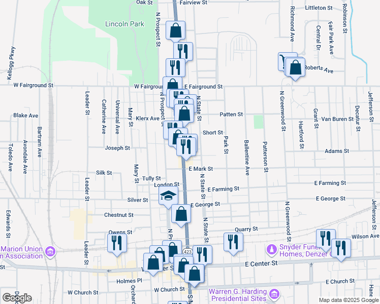 map of restaurants, bars, coffee shops, grocery stores, and more near 460 North Main Street in Marion