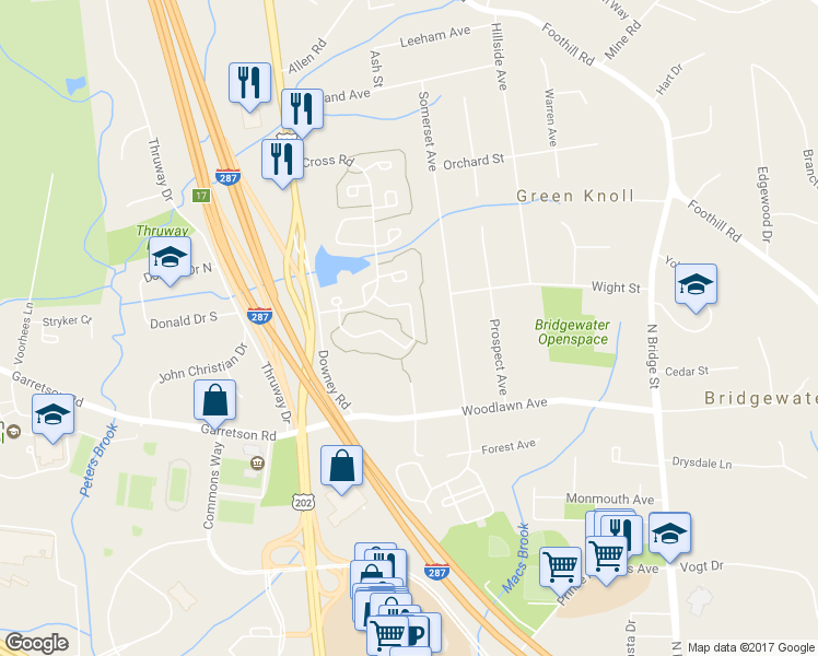map of restaurants, bars, coffee shops, grocery stores, and more near 349 Greenfield Road in Bridgewater Township