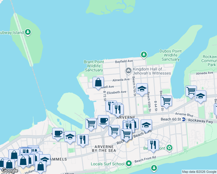 map of restaurants, bars, coffee shops, grocery stores, and more near 69-35 Burchell Avenue in Queens