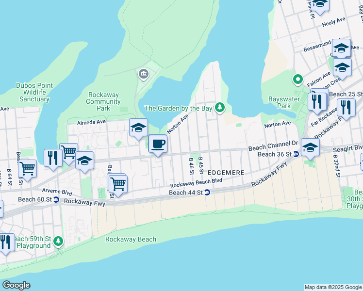 map of restaurants, bars, coffee shops, grocery stores, and more near 418 Beach 47th Street in Queens