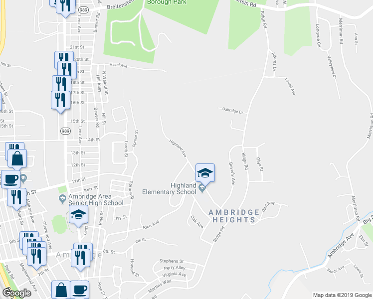 map of restaurants, bars, coffee shops, grocery stores, and more near 1226 Highland Avenue in Ambridge