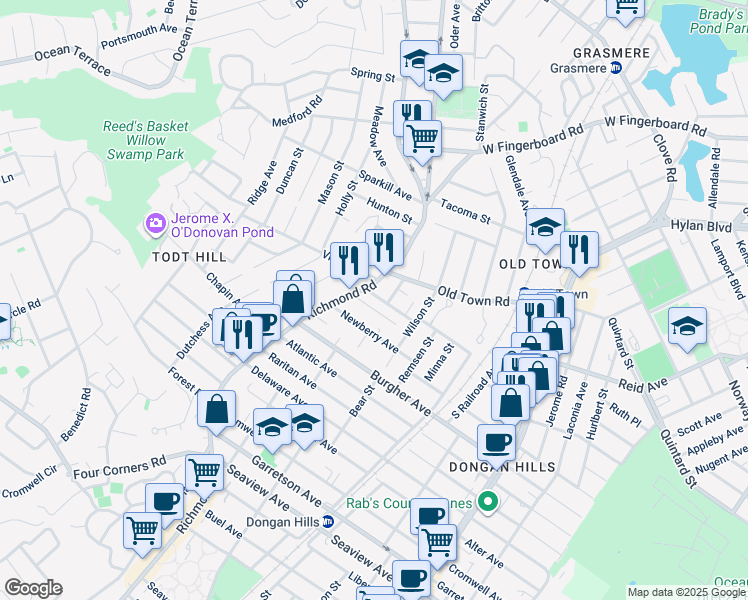 map of restaurants, bars, coffee shops, grocery stores, and more near 12 Whitaker Place in Staten Island