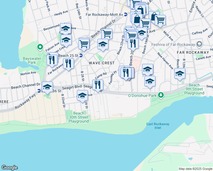 map of restaurants, bars, coffee shops, grocery stores, and more near 2-29 Fernside Place in Queens