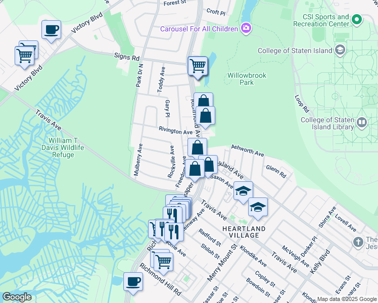 map of restaurants, bars, coffee shops, grocery stores, and more near 121 Freedom Avenue in Staten Island