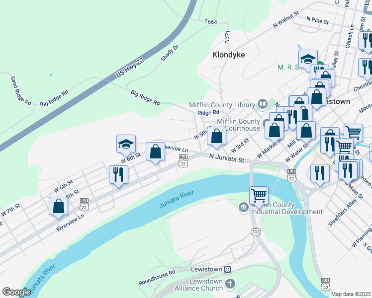 map of restaurants, bars, coffee shops, grocery stores, and more near 19 Reservoir Lane in Lewistown