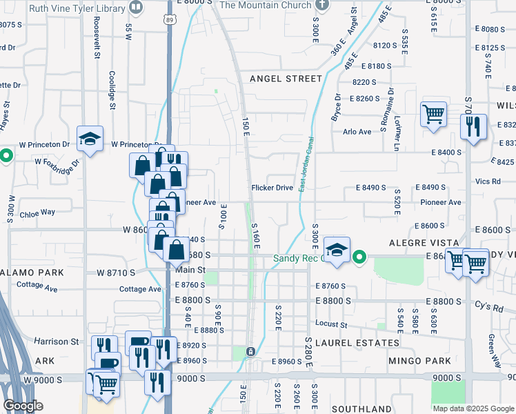 map of restaurants, bars, coffee shops, grocery stores, and more near 184 Pioneer Avenue in Sandy