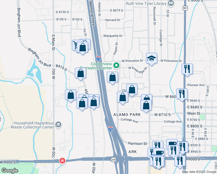map of restaurants, bars, coffee shops, grocery stores, and more near 8496 Harrison Street in Midvale
