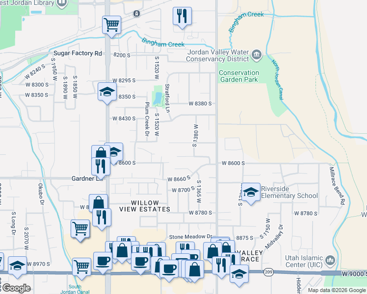 map of restaurants, bars, coffee shops, grocery stores, and more near 8546 South 1380 West in West Jordan