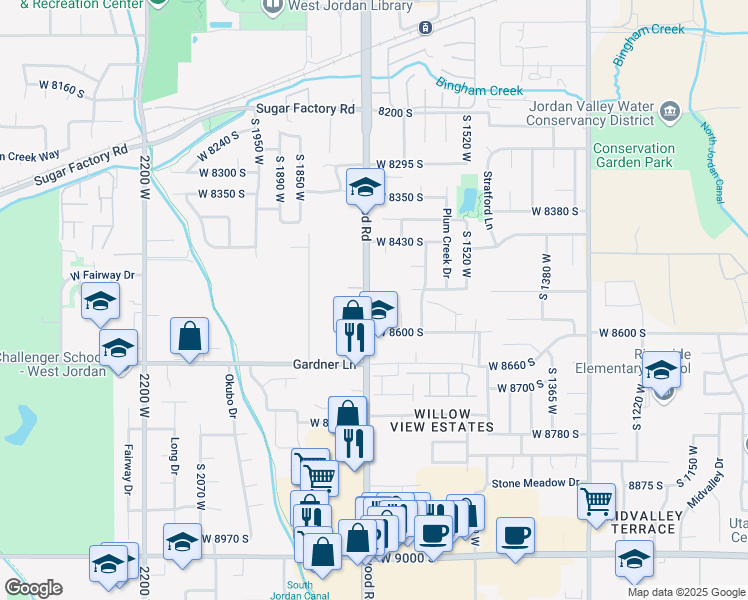 map of restaurants, bars, coffee shops, grocery stores, and more near 8558 South Redwood Road in West Jordan