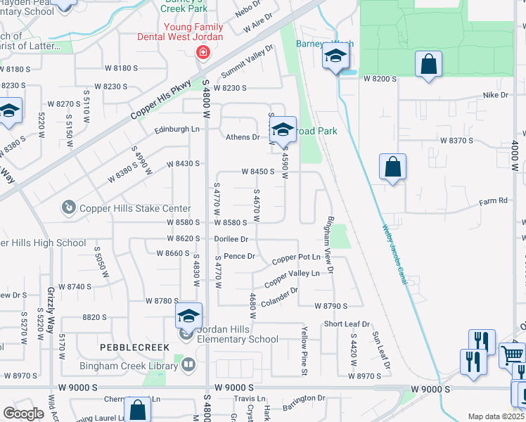 map of restaurants, bars, coffee shops, grocery stores, and more near 8549 South 4670 West in West Jordan