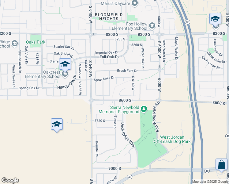 map of restaurants, bars, coffee shops, grocery stores, and more near 8548 Dahill Lane in West Jordan