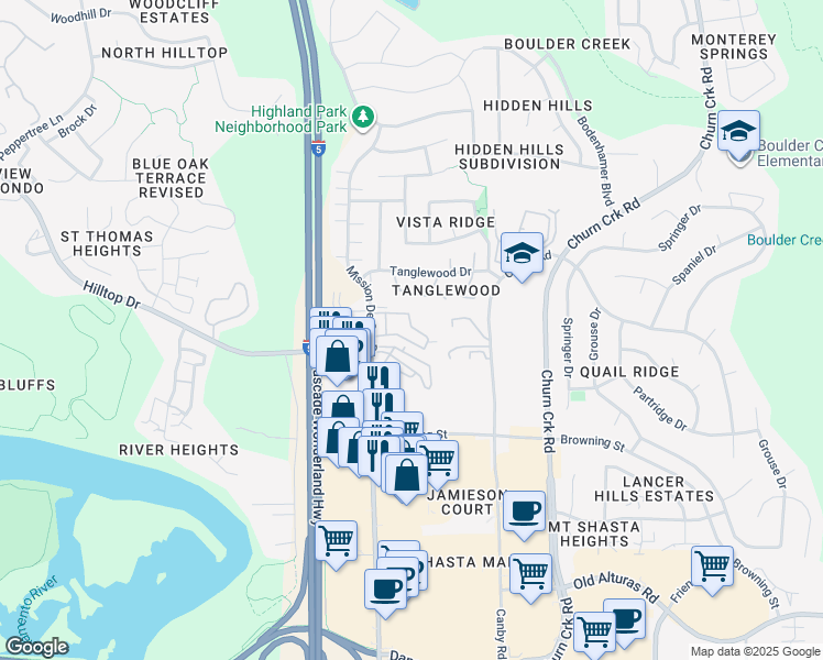 map of restaurants, bars, coffee shops, grocery stores, and more near 851 Mission De Oro Drive in Redding