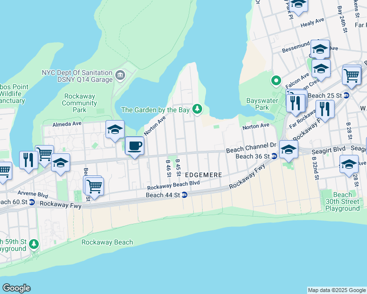 map of restaurants, bars, coffee shops, grocery stores, and more near 4-13 Beach 44th Street in Queens