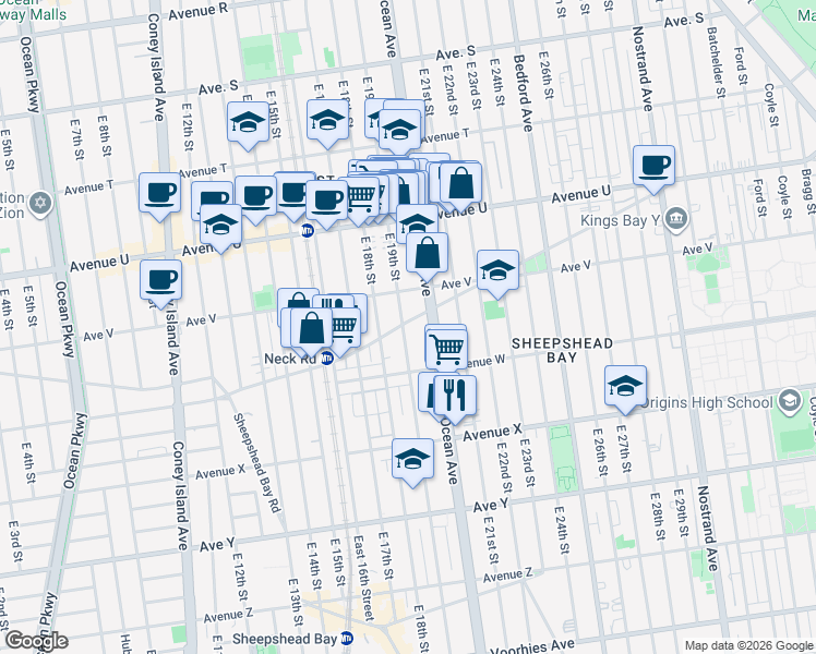 map of restaurants, bars, coffee shops, grocery stores, and more near 2245 East 19th Street in Brooklyn