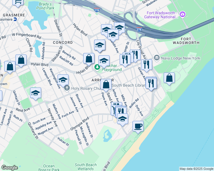 map of restaurants, bars, coffee shops, grocery stores, and more near in Staten Island