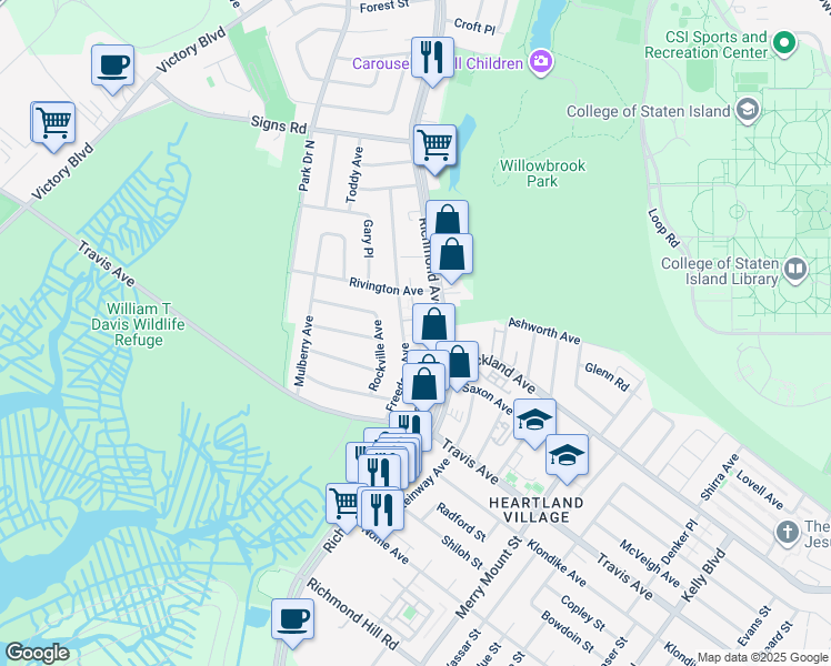 map of restaurants, bars, coffee shops, grocery stores, and more near 121 Freedom Avenue in Staten Island