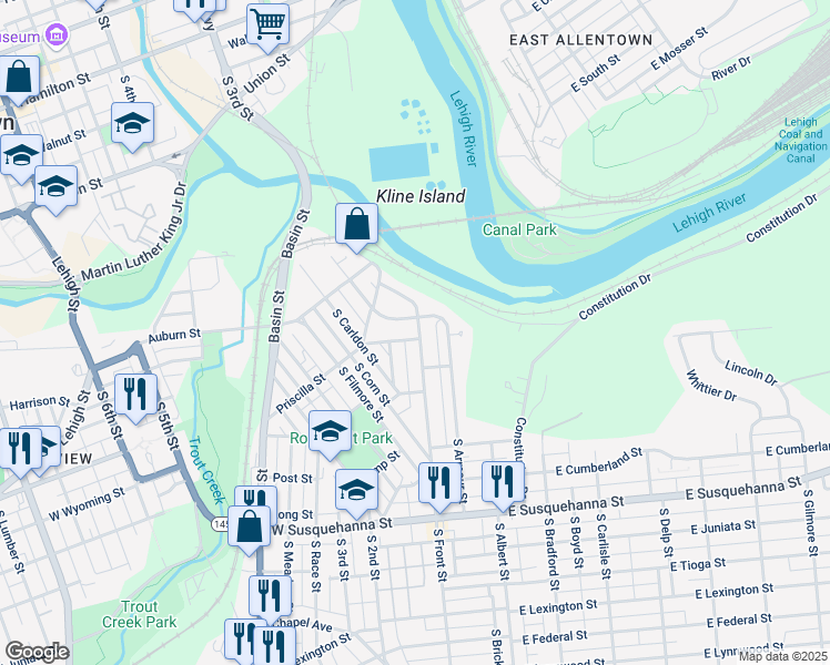 map of restaurants, bars, coffee shops, grocery stores, and more near 15 Cleveland Street in Allentown