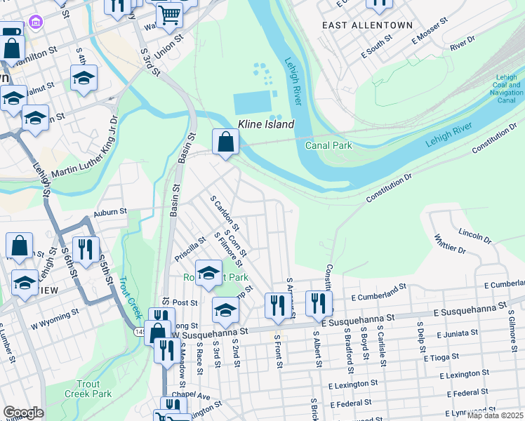 map of restaurants, bars, coffee shops, grocery stores, and more near 15 Cleveland Street in Allentown