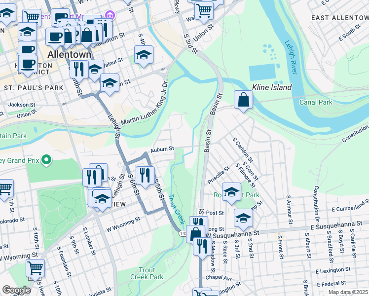 map of restaurants, bars, coffee shops, grocery stores, and more near 398 Auburn Street in Allentown