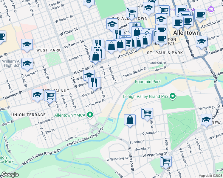 map of restaurants, bars, coffee shops, grocery stores, and more near 214 South Richland Street in Allentown