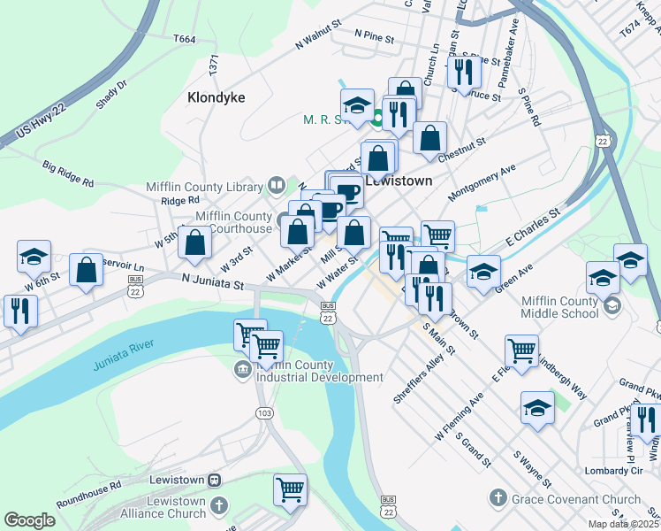 map of restaurants, bars, coffee shops, grocery stores, and more near 21 West Water Street in Lewistown