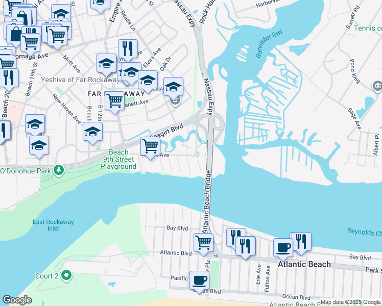 map of restaurants, bars, coffee shops, grocery stores, and more near 2-10 Seagirt Avenue in Queens
